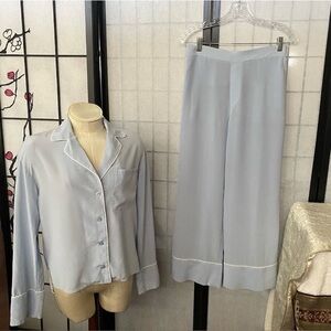 Women S Light Blue 100% Silk Chiffon Piped Trim Pajama Set *SUPERB HIGH QUALITY*
